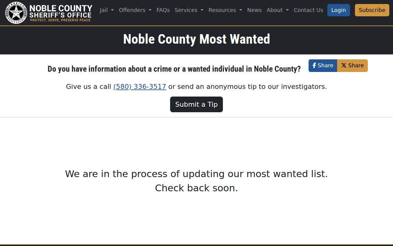 Noble County Sheriff’s Most Wanted record page showing an updating notice
